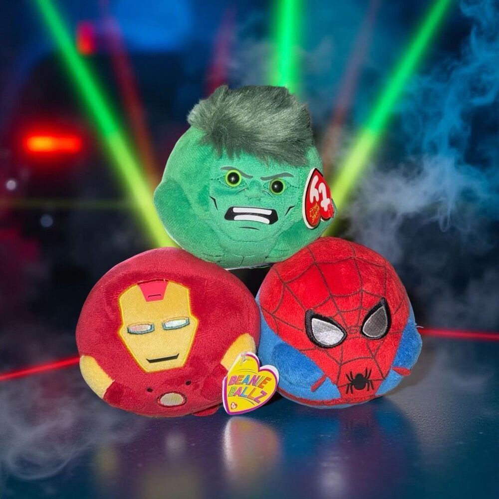 3 TY Marvel Beanie Ballz Spiderman NWT Ironman & Hulk Plush Stuffed Animals P54